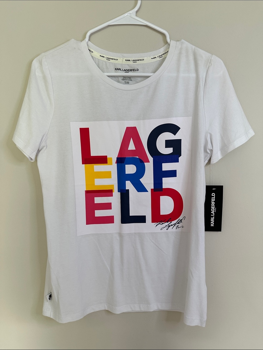 Karl Lagerfeld White Short Sleeve Tee with Multicolor Logo Block